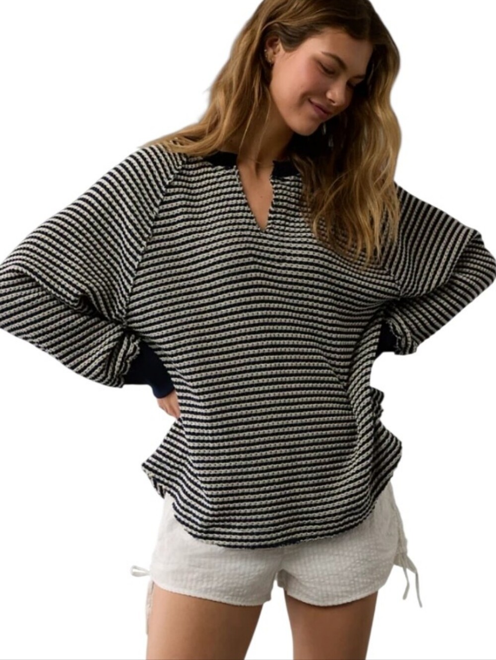 AE Big Hug Notch Neck Waffle Knit Oversized Navy Stripe Notch Neck Sweater SMALL